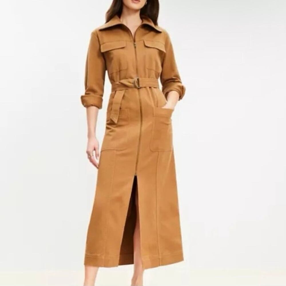 LOFT Twill Zip-up Midi Utility Shirt Dress Long Sleeve Big Pockets Belted Tan